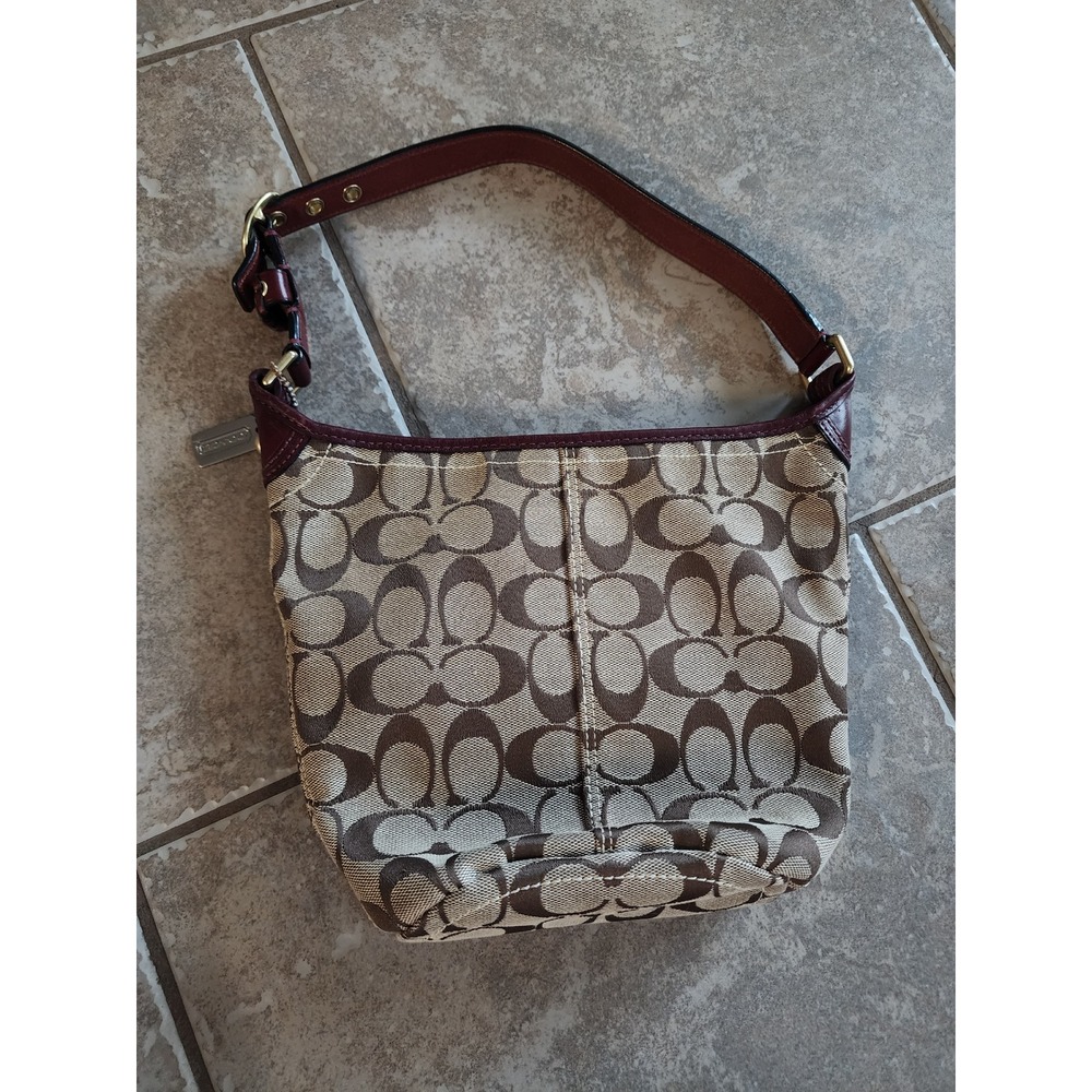 Coach Signature Canvas Small Hobo Bag Khaki Burgundy Leather 40896
